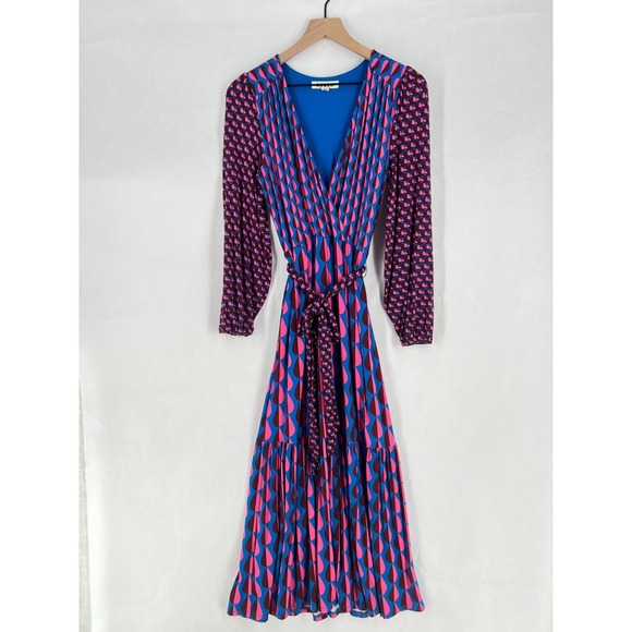 Boden Ophelia Wrap Midi Dress Womens 6 Multicolor Jersey Raindrop Geo Tie Waist - Picture 2 of 16